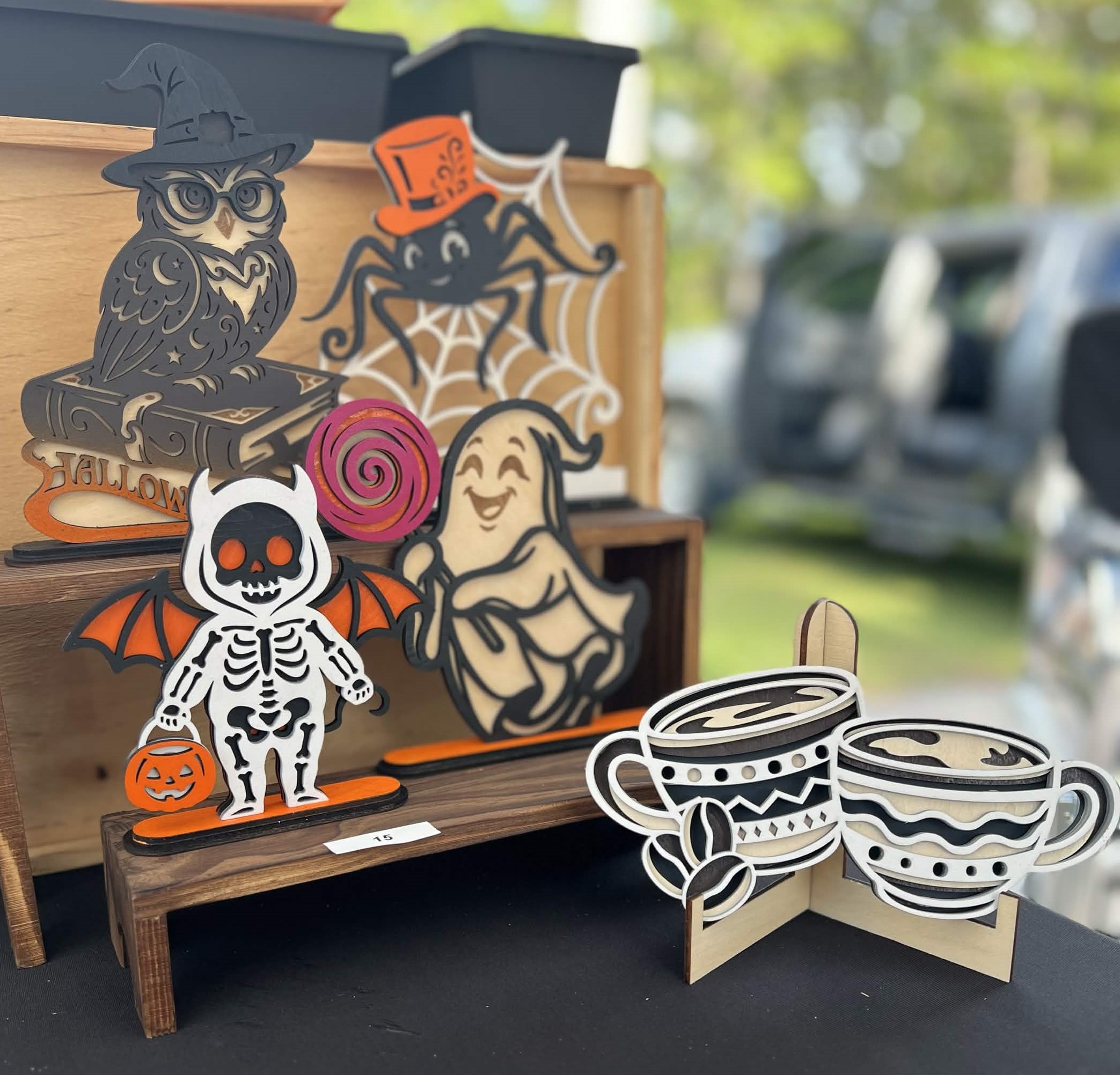 Layered wood art of Halloween themed figures