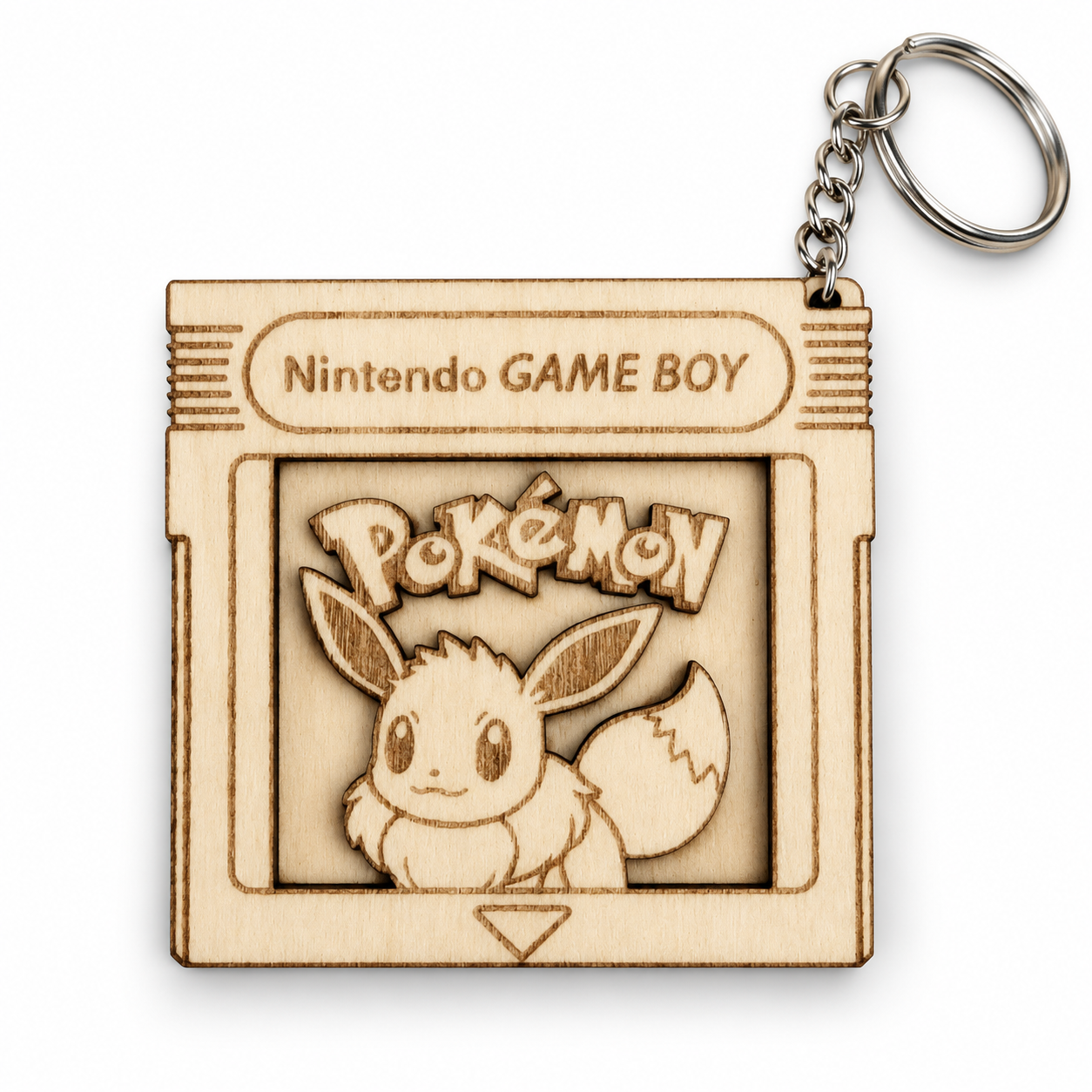 Gameboy-shaped wood keychain with a laser-engraved Pokémon character