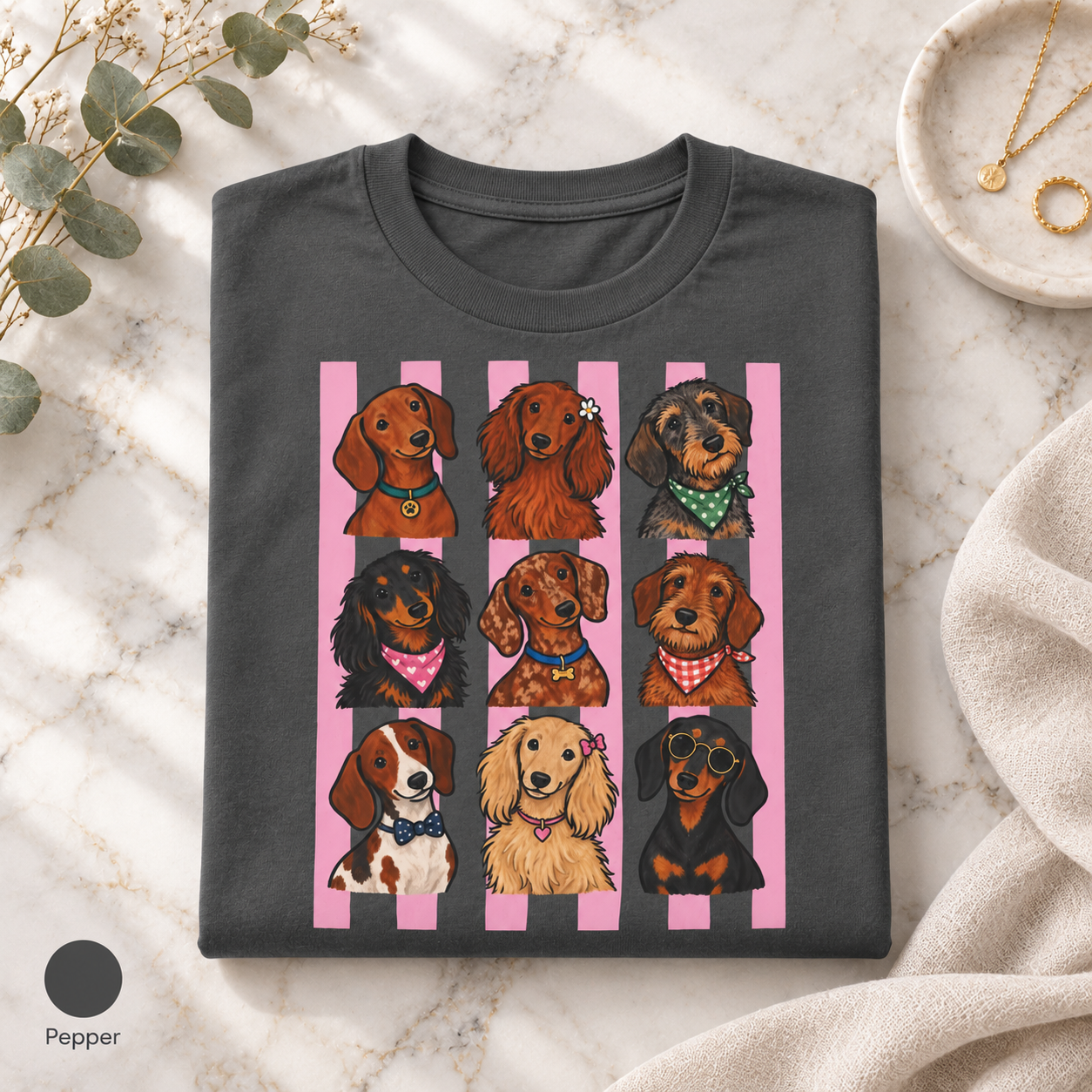 Weiner Dog Graphic Tee design, nine dachshund portraits on a pink-striped background